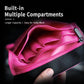 Pink pouch open with zipper, showing internal compartments and pocket sections.