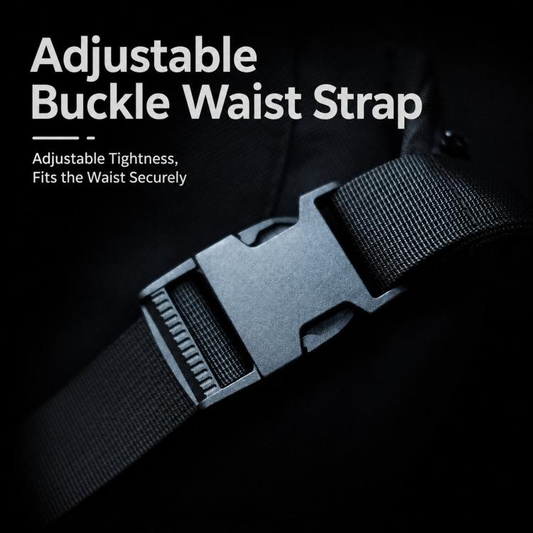 Black pouch with adjustable buckle waist strap and woven webbing.