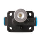 Black valve mounting base with round silver metal cap and blue side fittings