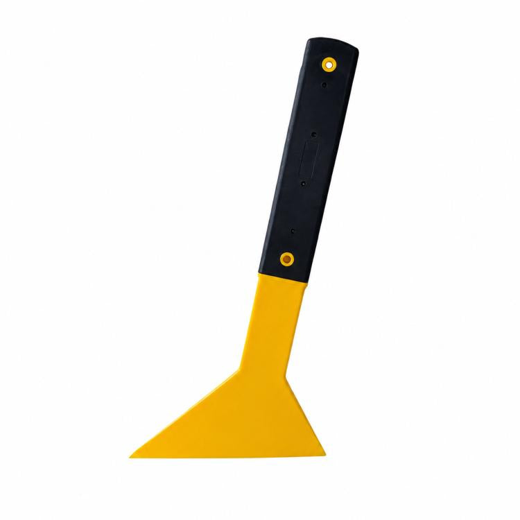Car window tint squeegee with long rubber-coated handle and yellow scraping blade
