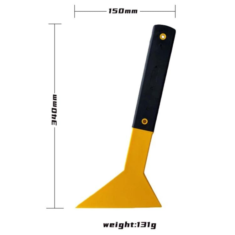 Car window tint squeegee showing long handle and wide yellow flat scraping edge