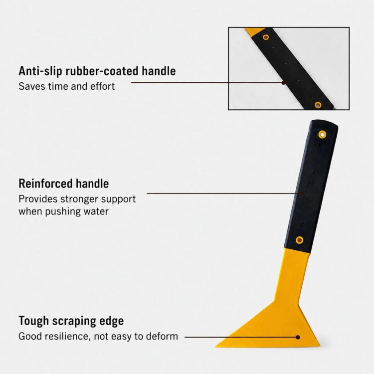 Car window tint squeegee with anti-slip rubber-coated handle and reinforced scraping edge