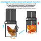 Automatic chicken coop door opener showing open and closed gate positions with chickens
