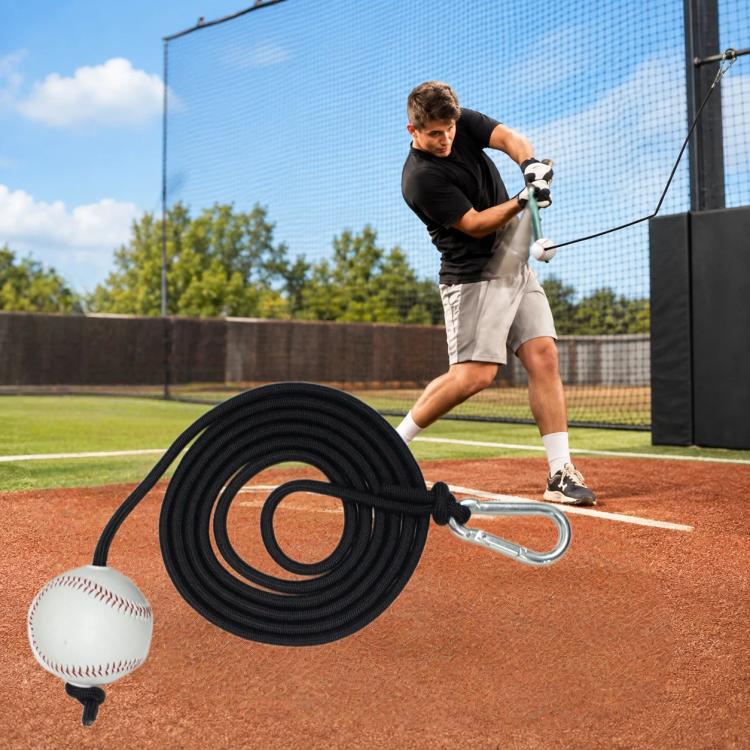 Baseball hitting tether rope with foam-sleeve baseball and metal clip, black coil