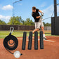 Baseball hitting tether rope with foam-sleeve baseball and four black grip sleeves