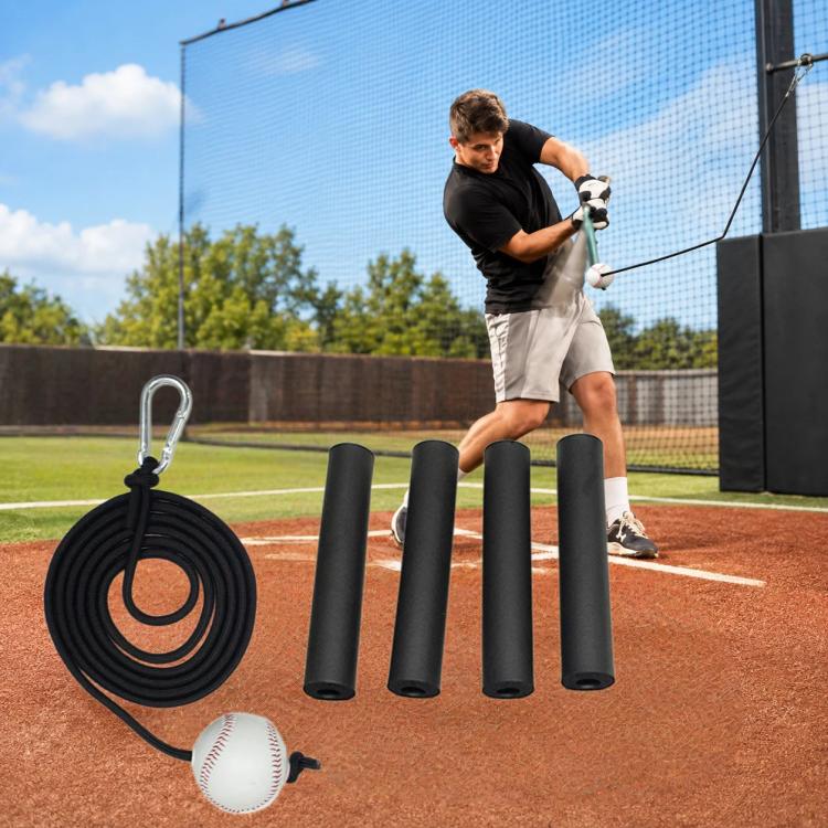 Baseball hitting tether rope with foam-sleeve baseball and four black grip sleeves