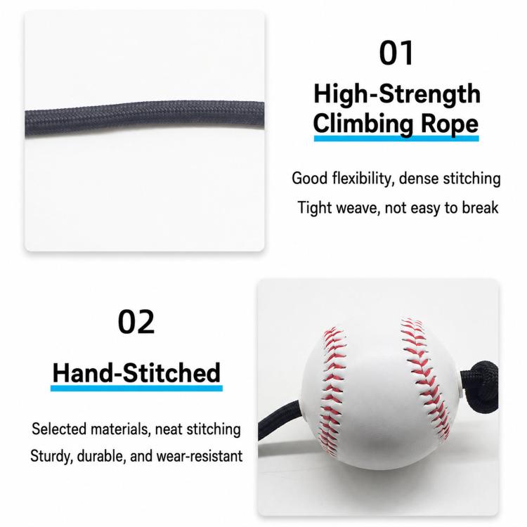 Baseball hitting trainer rope with stitched foam-sleeve baseball and reinforced cord end