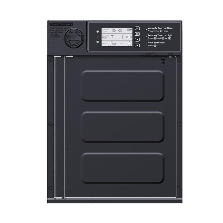 Solar chicken coop door with dark control panel and three rectangular door cutouts