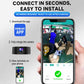 Black security camera with smartphone app screen showing connected live view