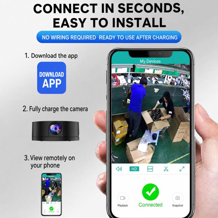 Black security camera with smartphone app screen showing connected live view