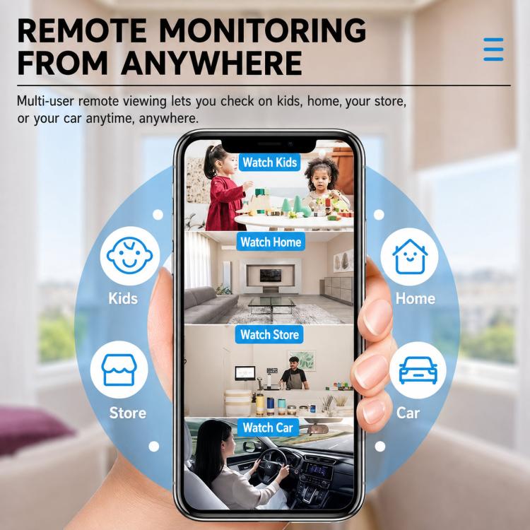 Hand holding smartphone displaying remote monitoring icons for the security camera