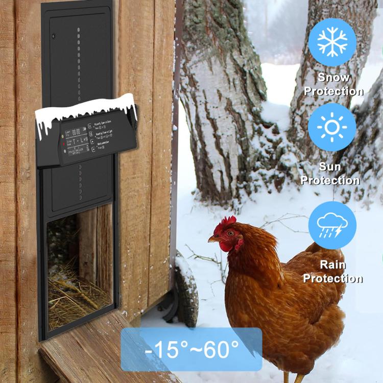 Mounted chicken coop door control unit on wooden coop with rooster by the opening