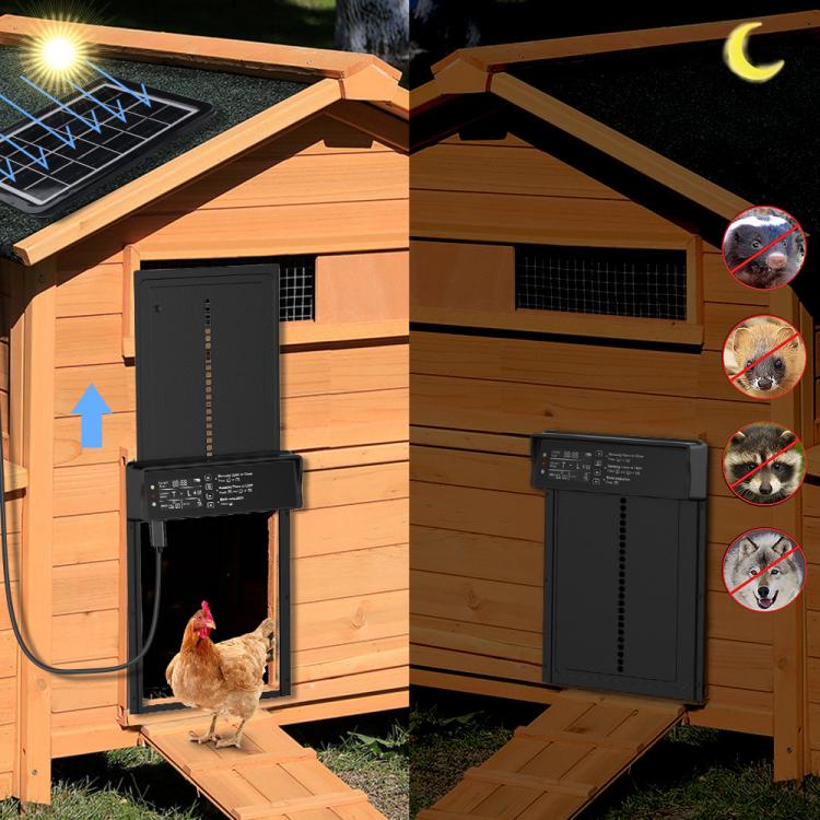 Solar-powered chicken coop door system with solar panel and exterior control modules