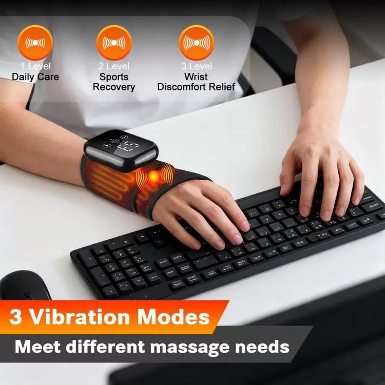 Heated wrist massager with orange glow on black wrap, control remote on top