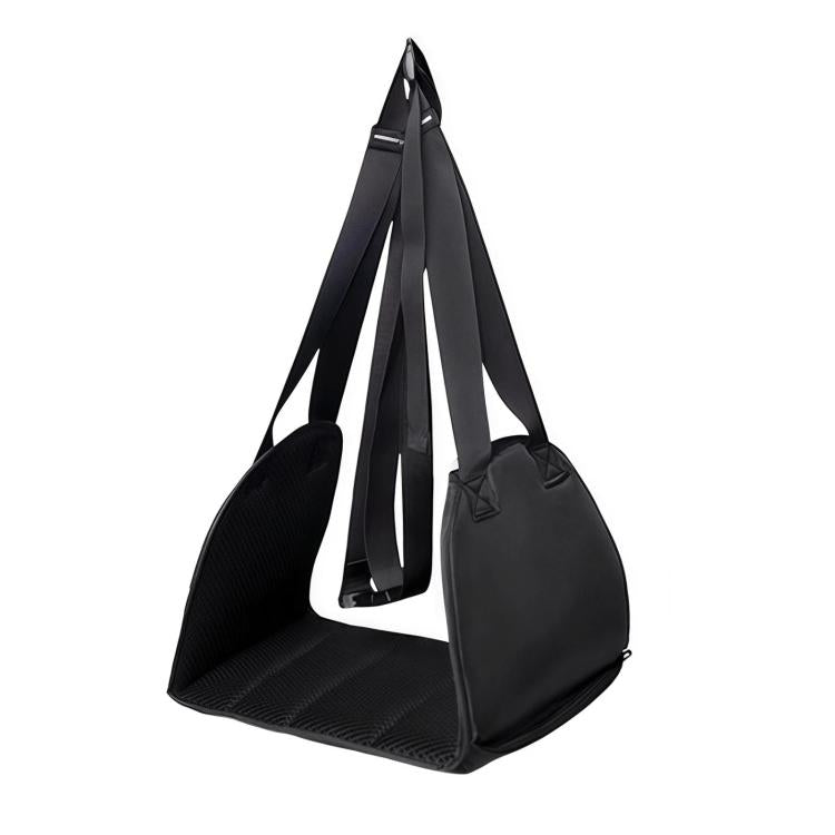 Rear seat footrest hammock with three strap supports and padded foot platform, black
