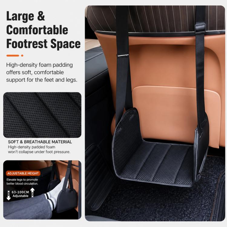 Rear seat footrest hammock with wide padded platform and mesh-like fabric panels