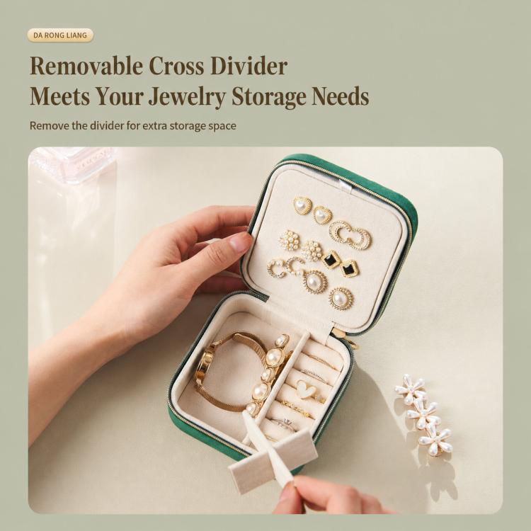 Mini velvet travel jewelry box with removable cross divider, open showing compartments