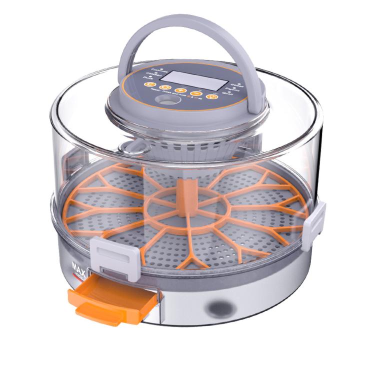Transparent egg incubator with orange multi-slot tray and digital control panel