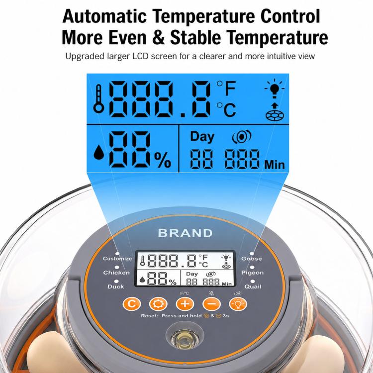 Egg incubator front control panel with large LCD temperature and humidity display