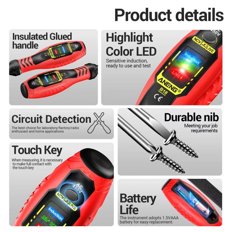 Red voltage tester pen with illuminated color LED display and durable metal probe