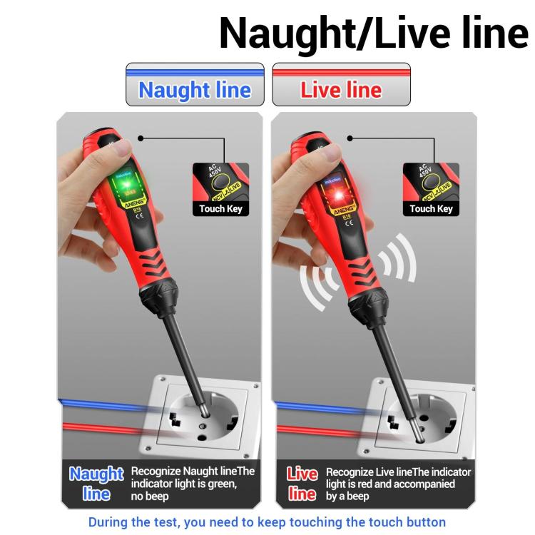 Red voltage tester pen held in hand with LCD lit during contact measurement
