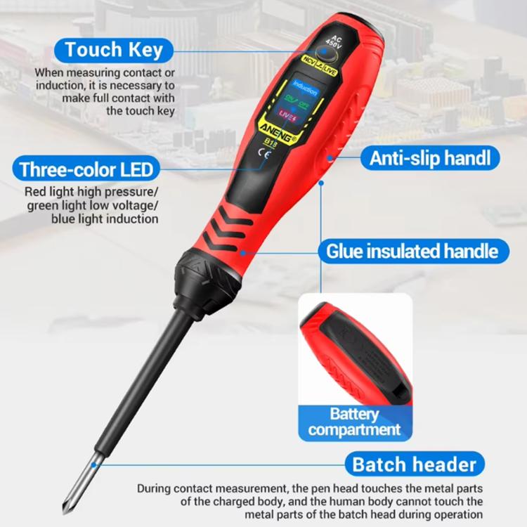 Red voltage tester pen with three-color LED display, anti-slip handle, insulated grip