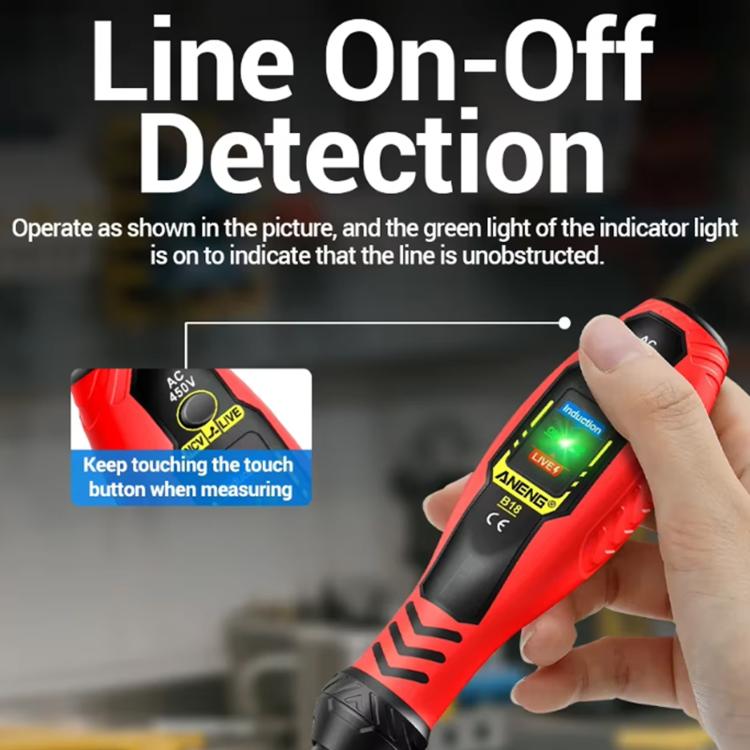 Red voltage tester pen in hand with glowing LCD and touch-key indicator