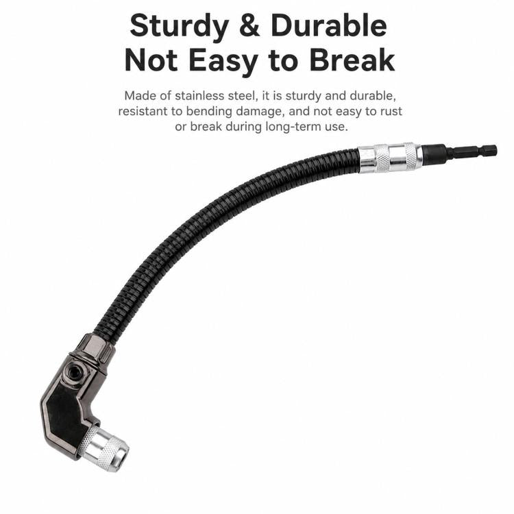 90-degree right-angle drill adapter with reinforced metal elbow and ribbed flexible hose