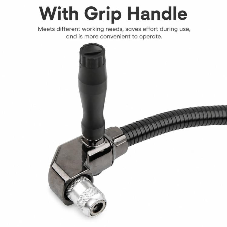90-degree right-angle drill adapter with grip handle and ribbed flexible shaft