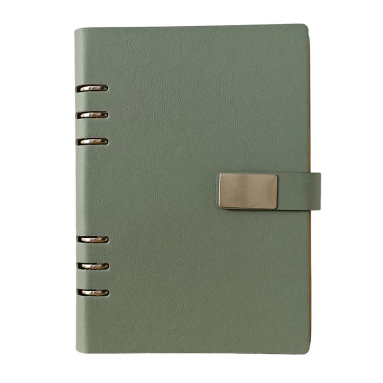 A5 6-hole magnetic buckle notebook, green cover with metal rings and clasp tab