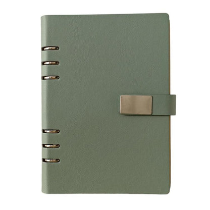 A5 6-hole magnetic buckle notebook, green cover with metal rings and clasp tab