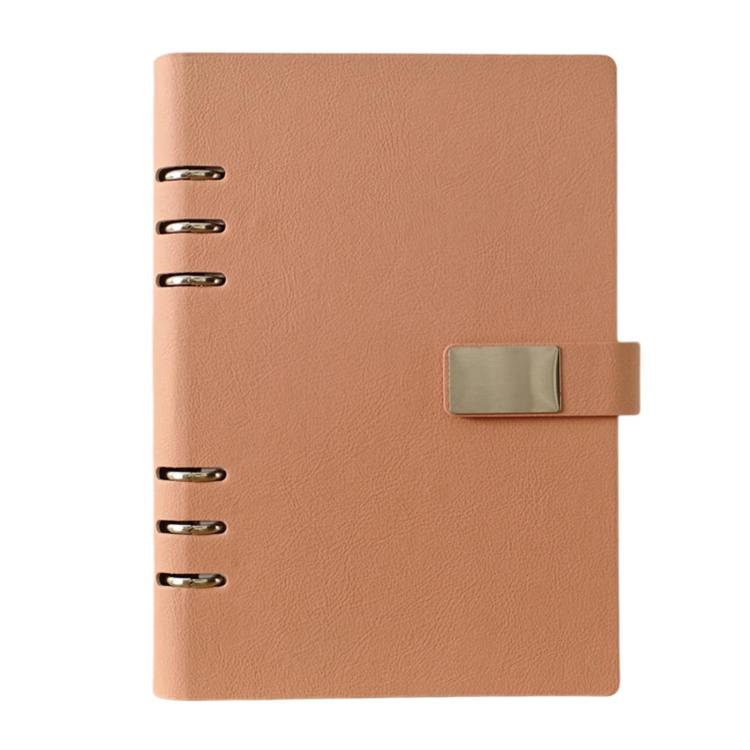 A5 6-hole magnetic buckle notebook, pink cover with metal rings and clasp tab
