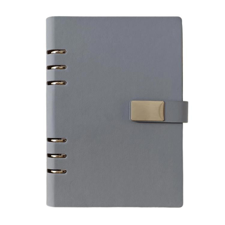 A5 6-hole magnetic buckle notebook, grey cover with metal rings and clasp tab