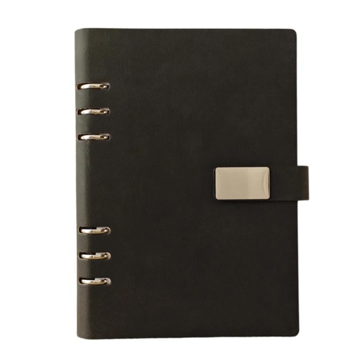 A5 6-hole magnetic buckle notebook, black cover with metal rings and clasp tab