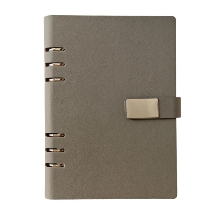 A5 6-hole magnetic buckle notebook, light grey cover with metal rings and clasp tab
