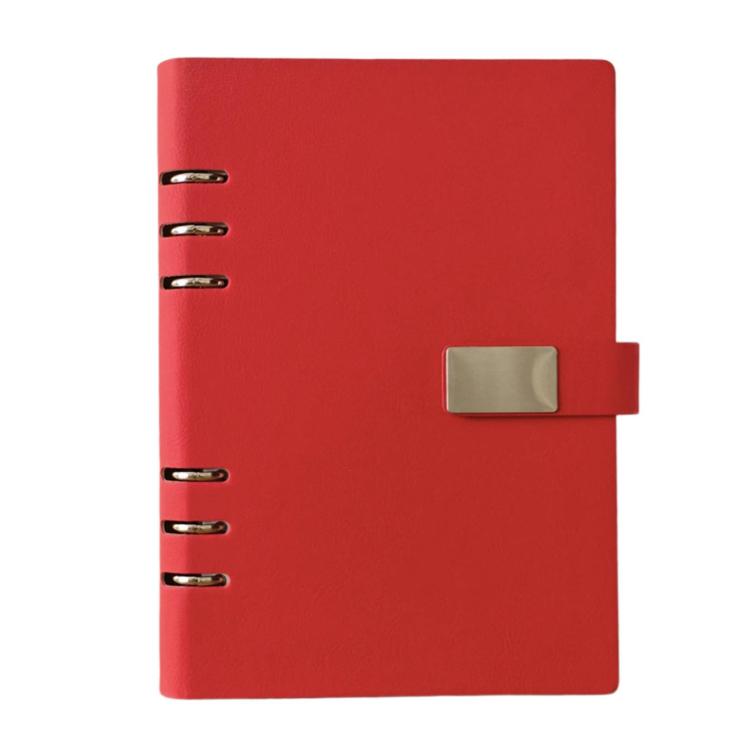 A5 6-hole magnetic buckle notebook, red cover with metal rings and clasp tab