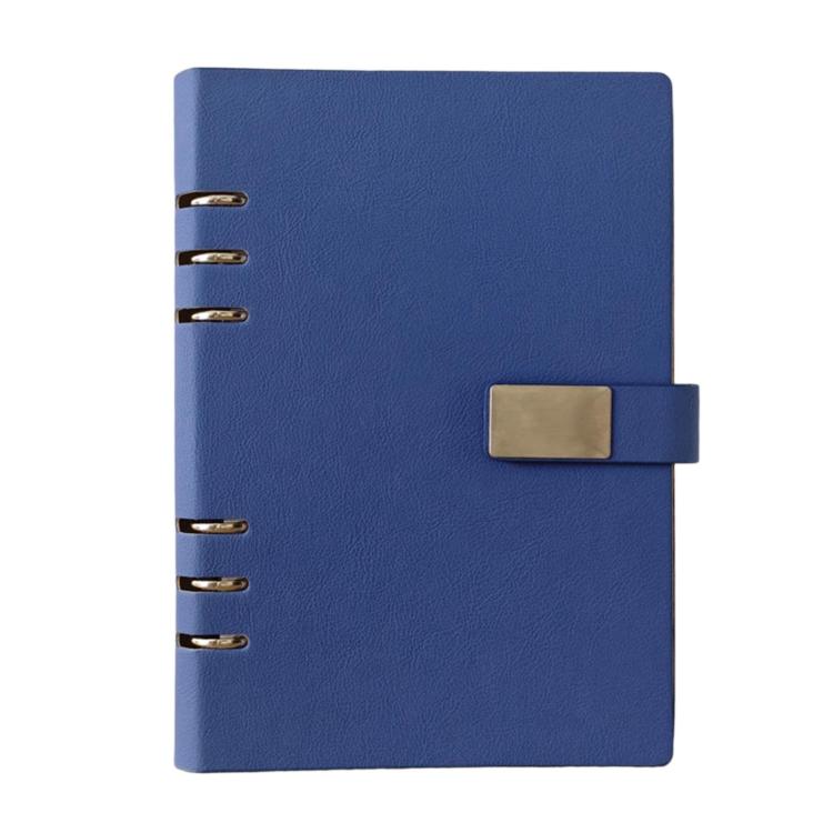 A5 6-hole magnetic buckle notebook, blue cover with metal rings and clasp tab