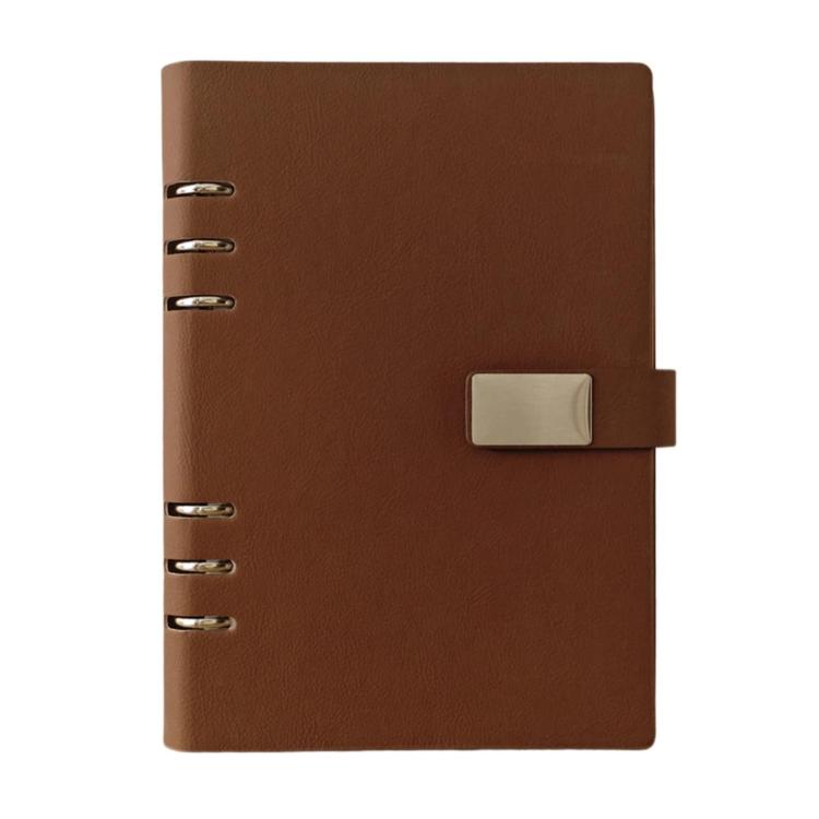 A5 6-hole magnetic buckle notebook, brown cover with metal rings and clasp tab