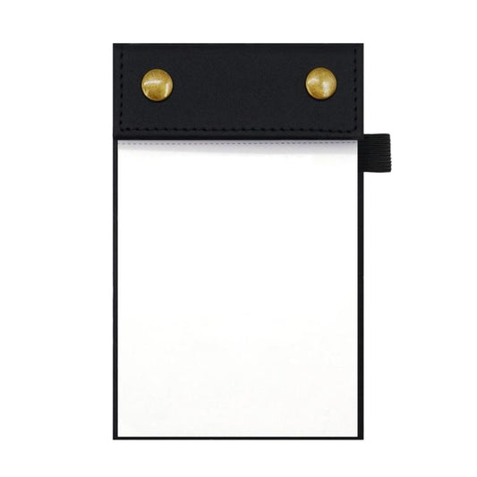 A6 tear-off notepad journal with black leather cover and blank pages, snap buttons