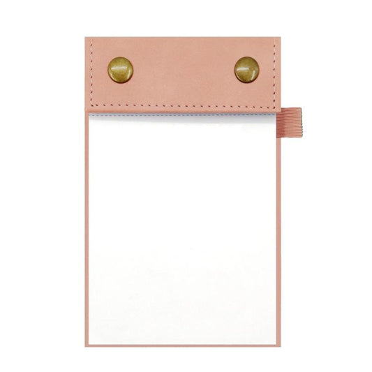 A6 tear-off notepad journal with pink leather cover and blank pages, snap buttons