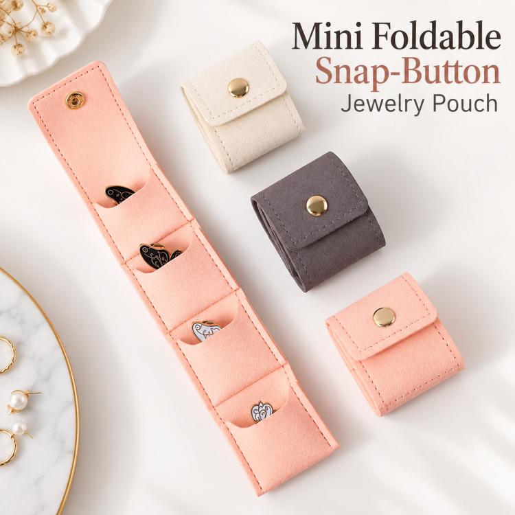 Mini foldable snap-button jewelry pouches in multiple colors, compact 4-compartment design.