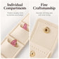 Beige mini jewelry pouch with individual compartments and gold snap-button closures.