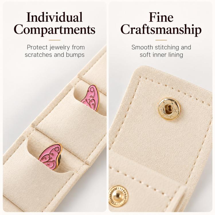 Beige mini jewelry pouch with individual compartments and gold snap-button closures.