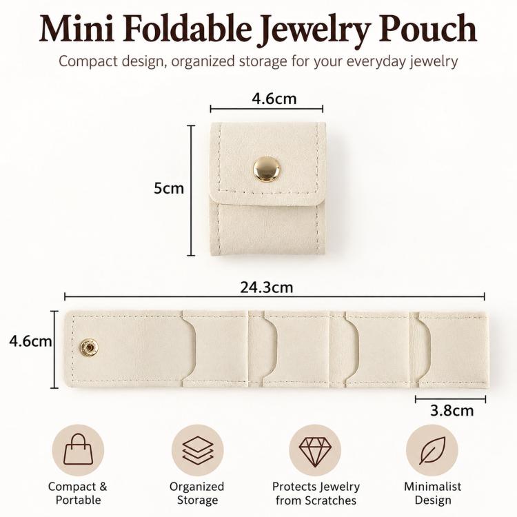 Beige mini foldable jewelry pouch with snap button and four storage compartments.