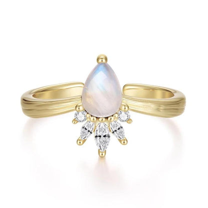 Gold-tone adjustable open ring with teardrop moonstone center and crystal crown