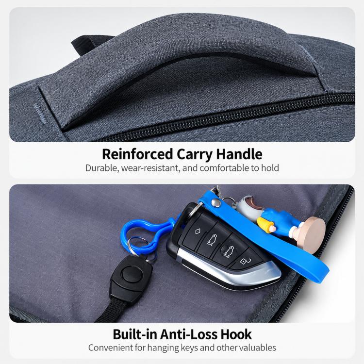 REMOID backpack with reinforced carry handle and built-in anti-loss hook, top detail.