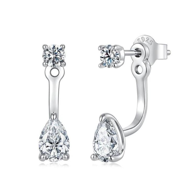 Sterling silver teardrop moissanite stud drop earrings with two sparkling pear stones