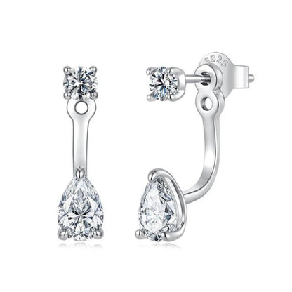 Sterling silver teardrop moissanite stud drop earrings with two sparkling pear stones