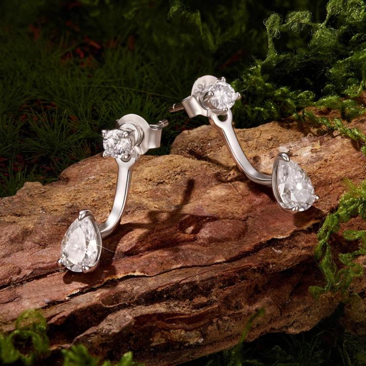 Sterling silver teardrop moissanite stud drop earrings, side view with pear stones