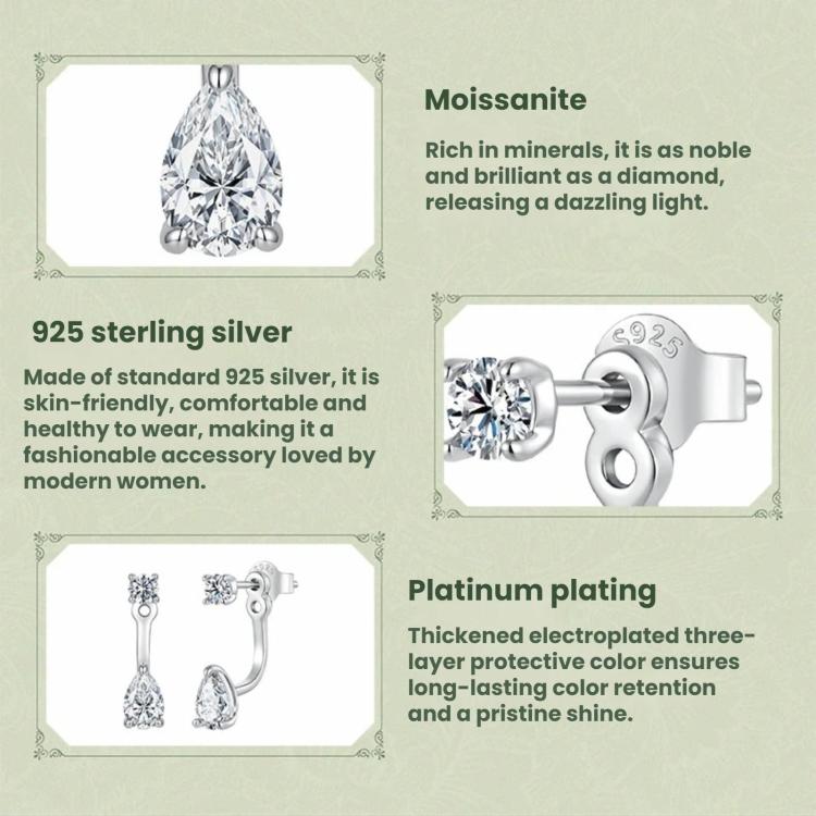 Sterling silver teardrop moissanite stud drop earrings, product detail view